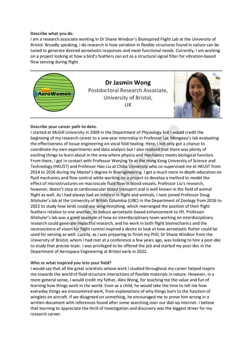 AeroWomen's tweet photo. Meet Dr Jasmin Wong (@robotjasmin), Postdoctoral Research Associate at @BristolUni. Jasmin conducts research on aeroelastic responses of flexible structures in nature, looking at how bird's feathers can be used for flow sensing during flight #WomenInSTEM #EngineersWeek #EWeek2023 https://t.co/H4dBtFQlbH