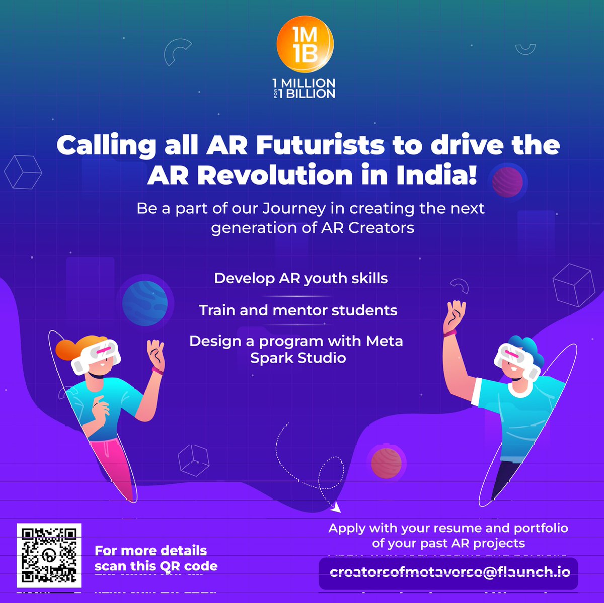 Looking for #ARcreators who can help in developing #youthskills in #AR through training & mentoring. 

Experience with #MetaSparkStudio is a must. 

For more info visit bit.ly/3Kots0i

#MetaSpark #arvr #artools #SparkAR #youthskilling