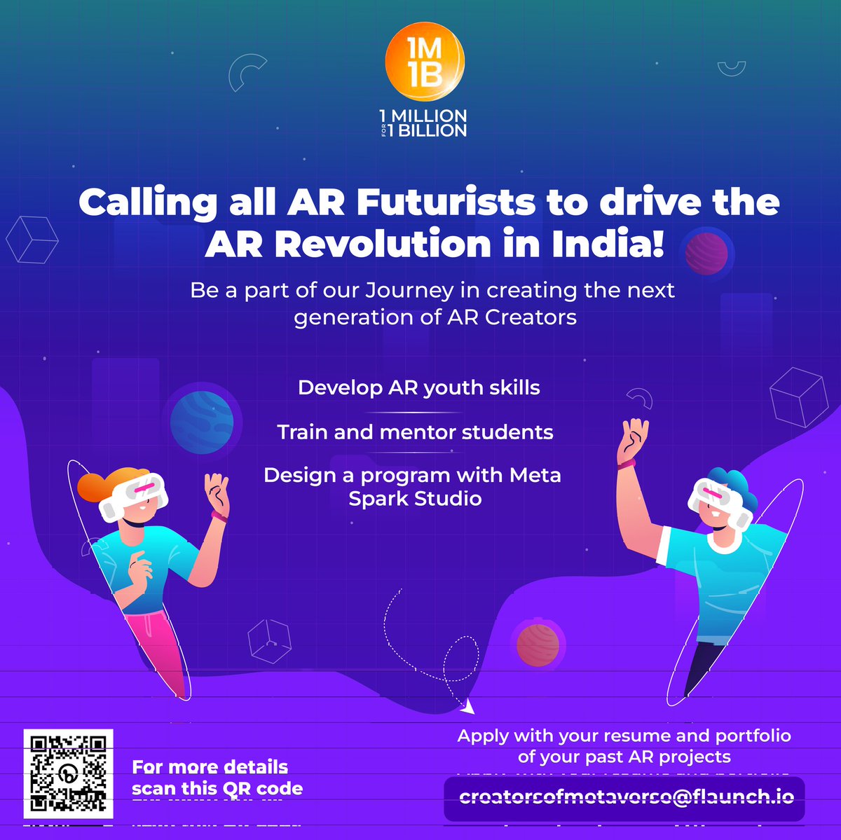 cPratikshita's tweet photo. Looking for #ARcreators who can help in developing #youthskills in #AR through training & mentoring.
Experience with #MetaSparkStudio is a must.
For more info visit https://t.co/OdVvkJ1CDW
#MetaSpark #arvr #artools #SparkAR #youthskilling https://t.co/xiIbjwtfzI