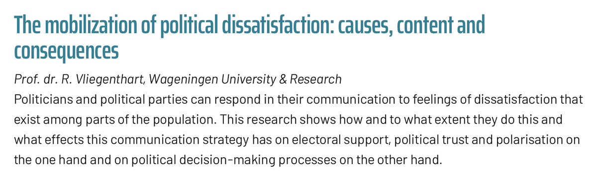Rens Vliegenthart (@rensvl) on Twitter photo I'm over the moon to receive a VICI grant from <a href="/NWOFunding/">NWO Funding</a> to investigate the use and consequences of discontent framing by politicians. Looking forward to further expanding our research line and team at <a href="/com_wur/">Strategic Communication, Wageningen University</a> <a href="/WUR/">Wageningen U&R</a> 🥳 nwo.nl/en/news/34-lea… I'm over the moon to receive a VICI grant from <a href="/NWOFunding/">NWO Funding</a> to investigate the use and consequences of discontent framing by politicians. Looking forward to further expanding our research line and team at <a href="/com_wur/">Strategic Communication, Wageningen University</a> <a href="/WUR/">Wageningen U&R</a> 🥳 nwo.nl/en/news/34-lea…