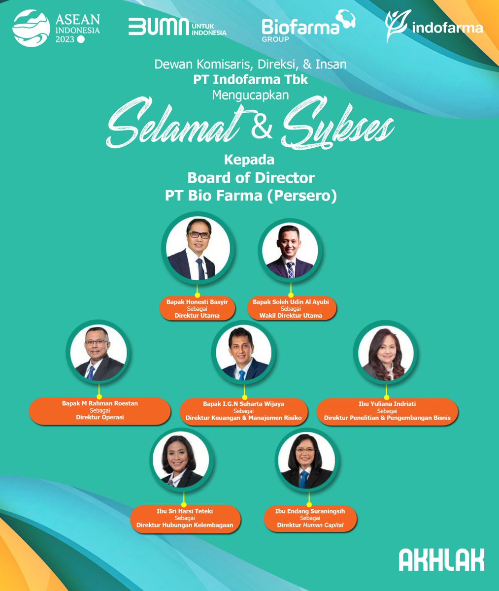 Dewan Komisaris, Direksi &amp; Insan PT Indofarma Tbk mengucapkan selamat dan sukses kepada jajaran susunan  kepengurusan (BOD) PT Bio Farma (Persero) yang baru. Semoga dengan susunan kepengurusan  perusahaan (BOD) PT Bio Farma (Persero) yang membawa kemajuan untuk Biofarma Group.