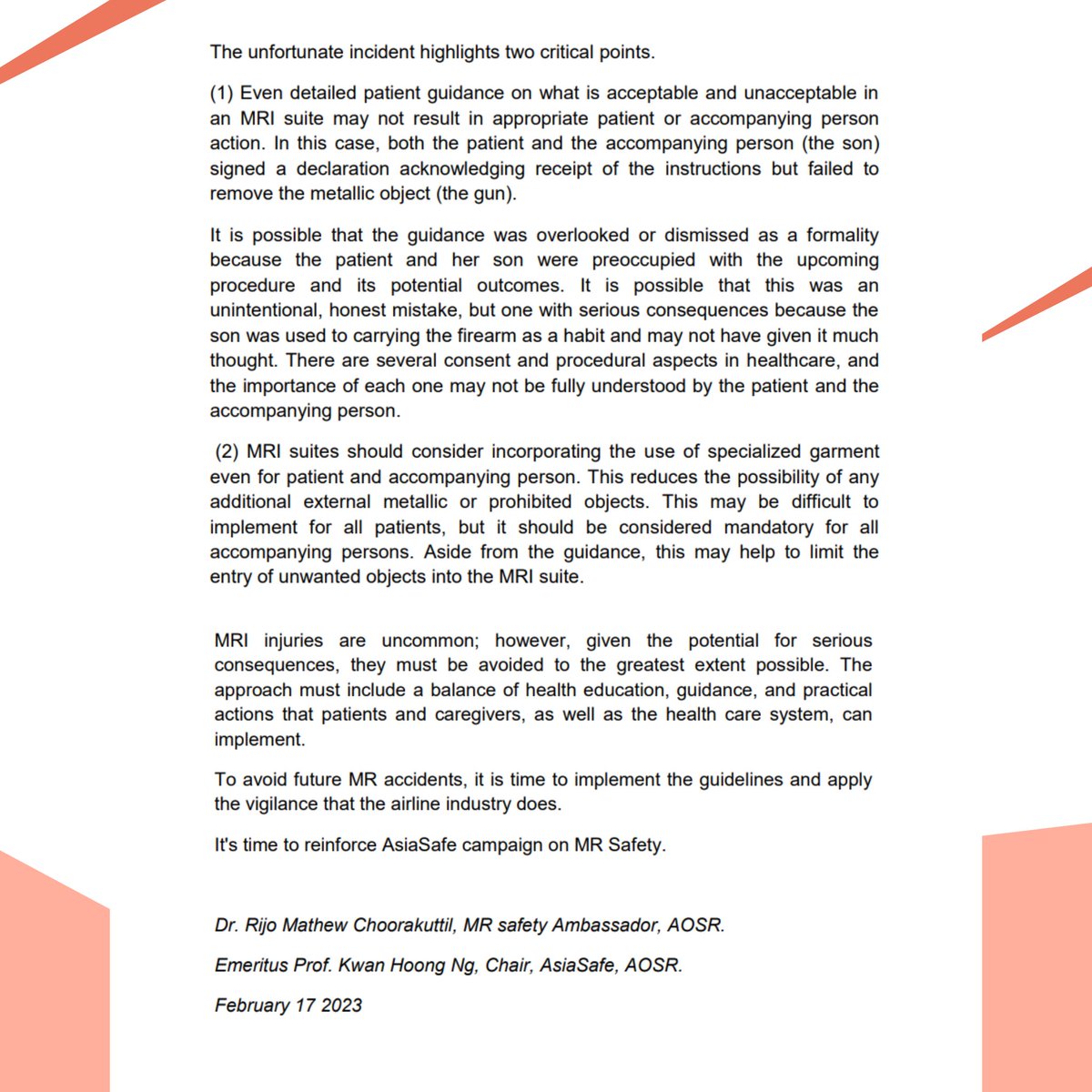 pp_pdsri's tweet photo. AsiaSafe Message ⚠️

Regarding MRI tragic accident occurred at a Brazilian hospital. To avoid future MR accidents, it is time to implement the guidelines and apply the vigilance that the airline industry does.

#pdsri #radiologi #asiasafe #information #indonesia https://t.co/ck3lM3UjRU