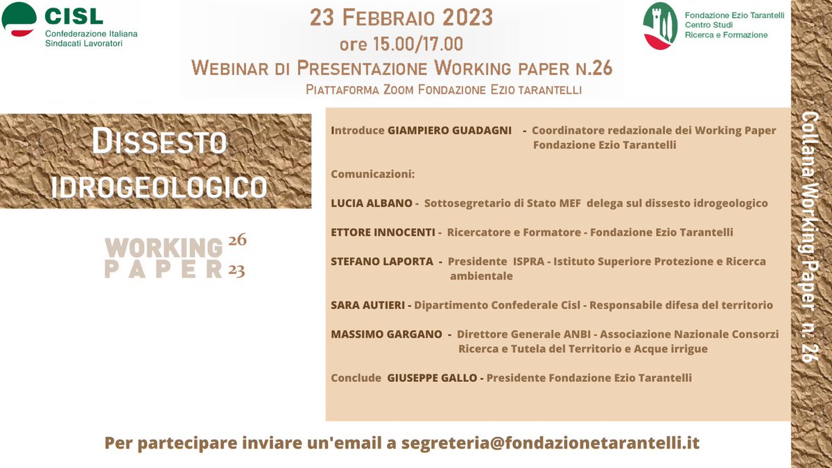 Fond_Tarantelli's tweet photo. 🗣️OGGI, 23 febbraio, dalle ore 15.00 alle ore 17.00, il Webinar di presentazione del Working Paper di approfondimento sul tema #DissestoIdrogeologico.
Scarica il Working Paper➡️https://t.co/ECLmFkk3av
Programma e info per seguire l'iniziativa ➡️https://t.co/I59SMb5Gxz https://t.co/hRQmb6fh2A