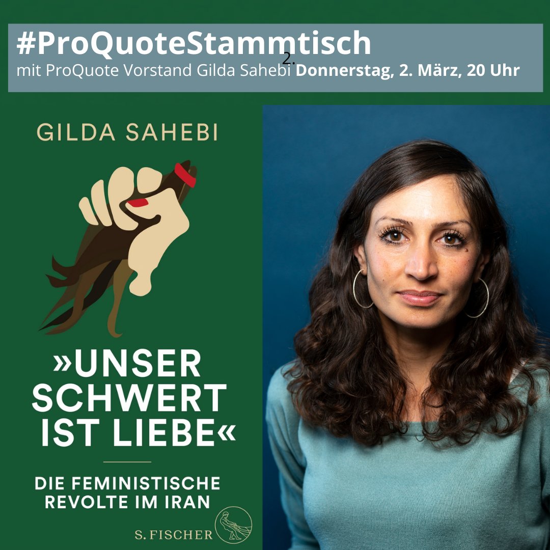NÄCHSTEN DONNERSTAG *save the date*
#ProQuoteStammtisch mit <a href="/GildaSahebi/">Gilda Sahebi</a>! 
Ein ganz besonderer virtueller Stammtisch wird das! Wir sprechen über Gildas Buch ‚Unser Schwert ist Liebe‘, über die Revolte im Iran &amp; die letzten Monate. Ab 20 Uhr, Zugänge folgen noch! All welcome!