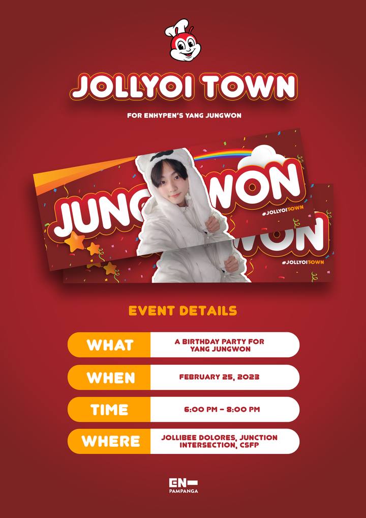 enhaganaps's tweet photo. 🐈 YANG JUNGWON BIRTHDAY EVENT

ᴊᴏʟʟʏᴏɪ ᴛᴏᴡɴ
📍 Jollibee, Dolores CSFP
🕰️ 6PM-8PM
🧾 420PHP
FORM: https://t.co/JMX6JQHxmN

See you engenes! 💗 https://t.co/TIwt5PG4Nu