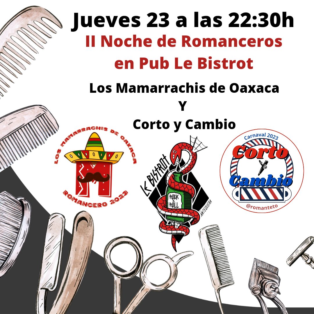 Recuerda que esta noche tendrá lugar la II Noche de Romanceros en el @PubLebistroty actuaremos junto al Romancero "Los Mamarrachis de Oaxaca" de la agrupación <a href="/chiripocos/">Chirigota Los Pocos</a> 
No os lo perdáis y traeros dinerillo suelto para las chapas, que algunas vienen de Chiapas y otras no.