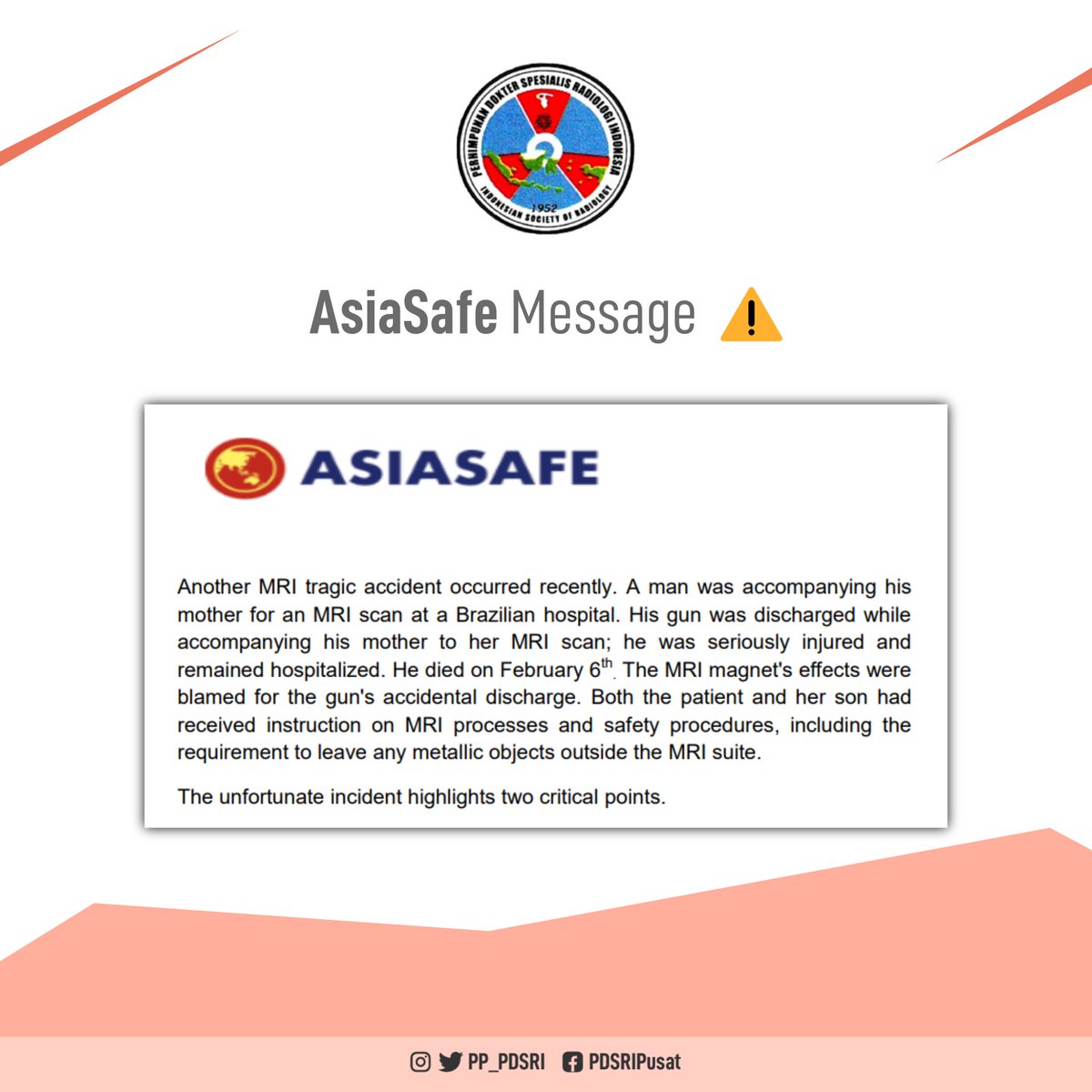 pp_pdsri's tweet photo. AsiaSafe Message ⚠️

Regarding MRI tragic accident occurred at a Brazilian hospital. To avoid future MR accidents, it is time to implement the guidelines and apply the vigilance that the airline industry does.

#pdsri #radiologi #asiasafe #information #indonesia https://t.co/ck3lM3UjRU