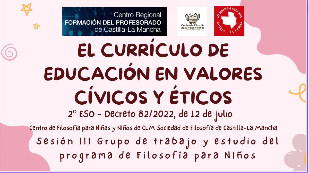 Hoy, en la III Sesión del grupo de trabajo intercentro, abordaremos el CV de la asignatura de Educación en Valores Éticos y Cívicos que se implantará el próximo curso en #CastillaLaMancha y observaremos cómo podríamos conectarlo con el programa de FpN.
<a href="/CRFPCLM/">Centro Regional de Formación del Profesorado</a> <a href="/SocFilosofiaCLM/">Sociedad de Filosofía de Castilla-La Mancha</a>