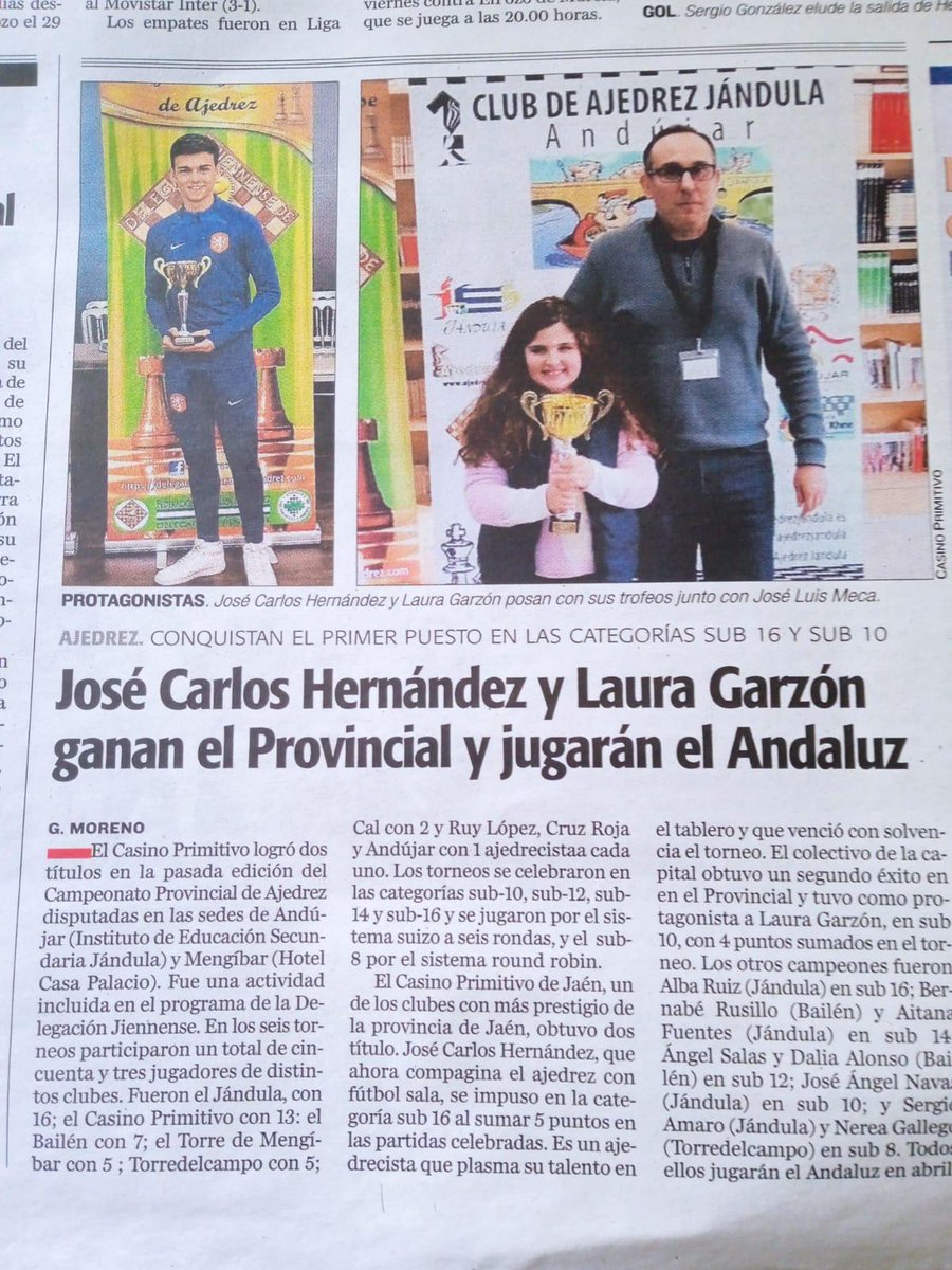 AjedrezJaen's tweet photo. Hoy el @DiarioJAENes  mencionan la victoria nuestros jugadores José Carlos Hernández y Laura Garzón. Enhorabuena de nuevo a todos y suerte a todos los participantes que jugaran el Andaluz. https://t.co/gnsvNiYf84