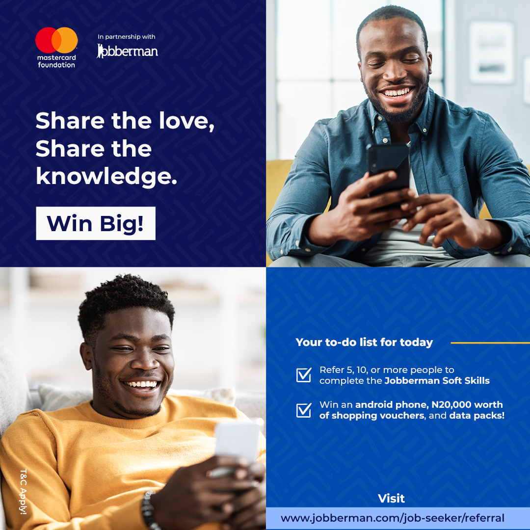 Jobbermandotcom's tweet image. Complete your to-do list for today and WIN BIG!
✅Refer your friends &amp;amp; contacts to complete the FREE #JobbermanSoftSkillsTraining
✅Win an android phone, N20,000 shopping vouchers, and Data Packs

Start Referring: fal.cn/3w4Ws
T&amp;amp;C Applies

#SoftSkillsReferralPromo