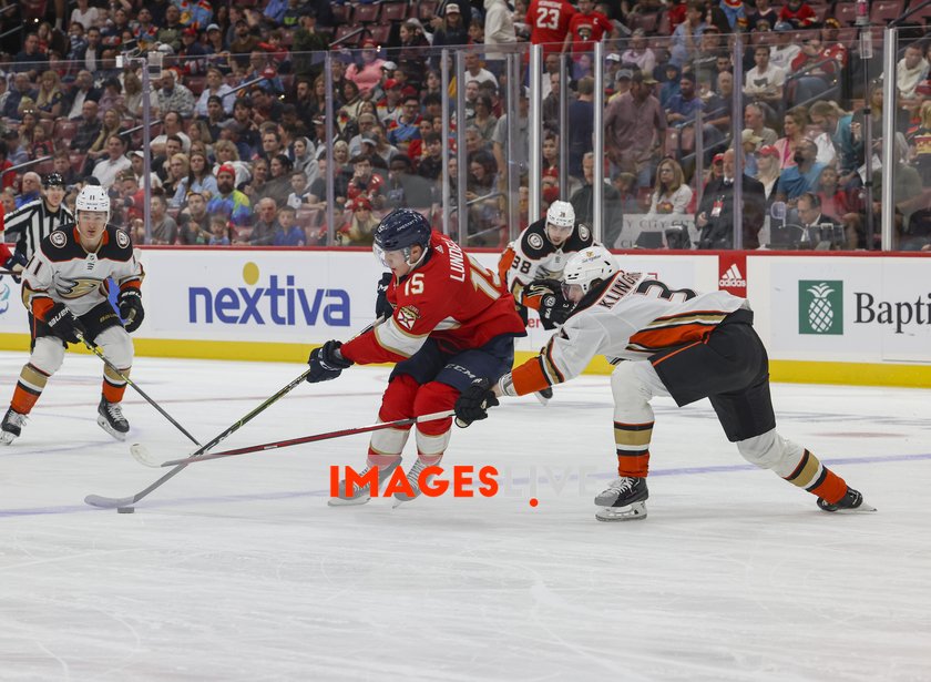 Florida Panthers center Anton Lundell (15) brings the puck down he ice while being guarded by Anaheim Ducks defenseman John Klingberg (3) during the first period of a NHL game between the Florida Panthers and the Anaheim Ducks on Monday, Feb. https://t.co/M2FrEqZWGK