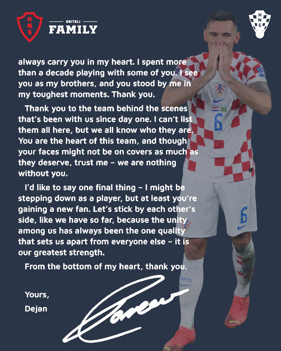 HNS_CFF's tweet photo. With an open letter to #Croatia national team and #Croatia fans, two-time @FIFAWorldCup medallist @Dejan06Lovren retires from international duty. Thank you for everything, Deki! 🇭🇷❤️ #HvalaDeki

#Family #Vatreni❤️‍🔥 https://t.co/cJME0D6BlR
