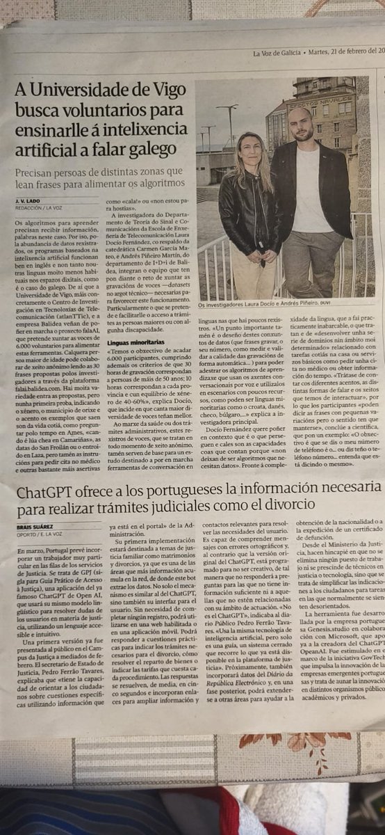 MOI IMPORTANTE ‼️📢

Pedímosvos axuda e difusión masiva a este proxecto tan interesante da <a href="/uvigo/">Universidade de Vigo</a> <a href="/anluvigo/">Área de Normalización Lingüística - UVigo</a> 

Para crear a intelixencia artificial EN GALEGO precísanse VOCES DE TODAS AS VARIANTES DIALETAIS. En dous minutos podedes doar a vosa na ligazón: falai.balidea.com