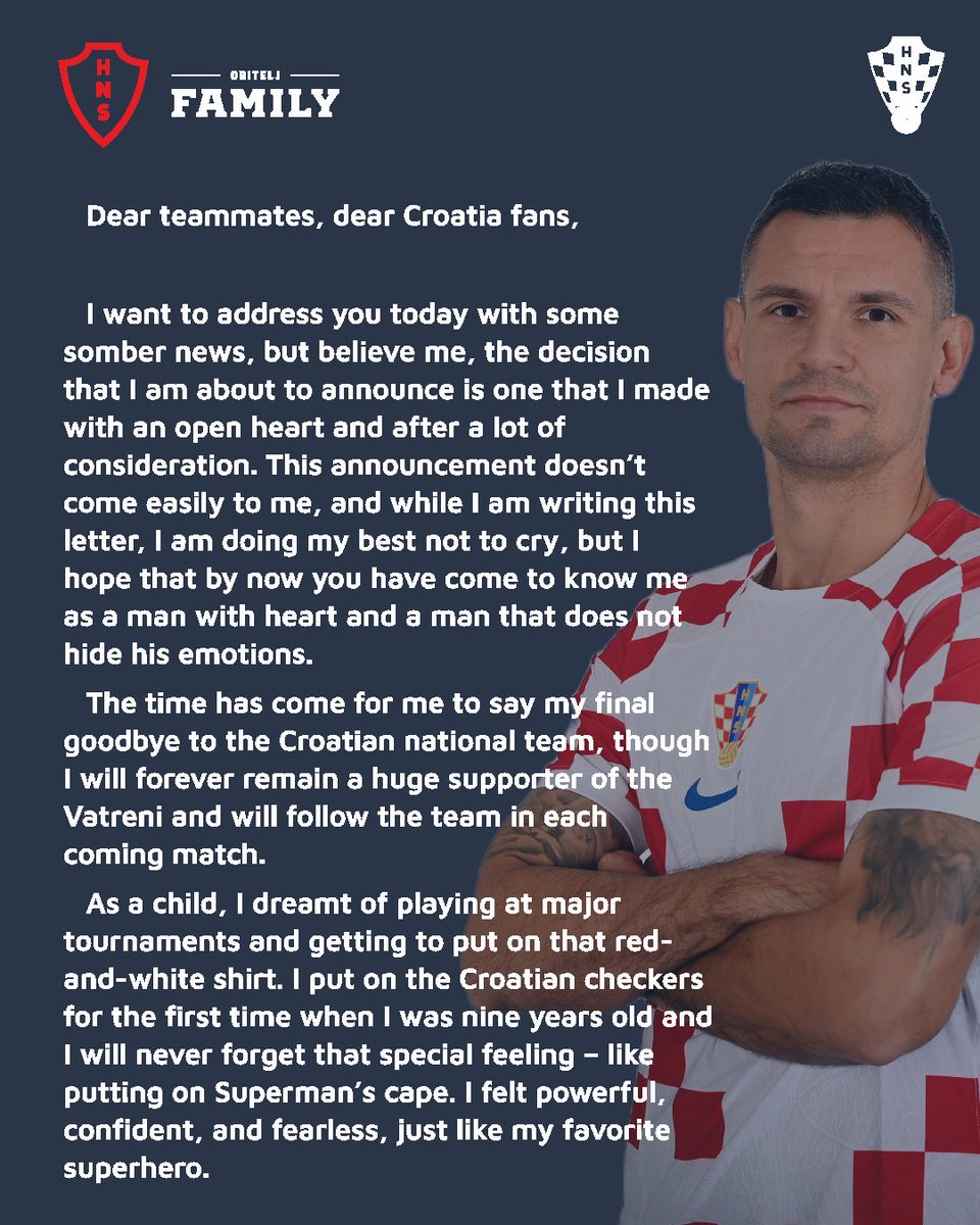 HNS_CFF's tweet photo. With an open letter to #Croatia national team and #Croatia fans, two-time @FIFAWorldCup medallist @Dejan06Lovren retires from international duty. Thank you for everything, Deki! 🇭🇷❤️ #HvalaDeki

#Family #Vatreni❤️‍🔥 https://t.co/cJME0D6BlR