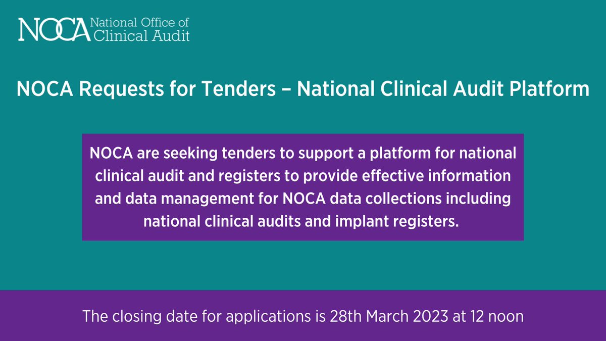 noca_irl's tweet photo. NOCA are seeking tenders to support a platform for national clinical audit

For further information and any queries, please use the EU Supply Website: https://t.co/IN75jToo9d

The closing date for applications is 28th March 2023 at 12 noon https://t.co/x9mH3HESy2