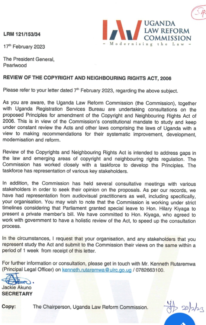 pearlwoodug's tweet photo. UPDATE:
Following the filmmakers concern for involvement in the review and consultation process of the Copyright Law of 2006; and @ULRCUg reply (attached), the filmmakers President, @AishaFlyFilms here requests for the principals of review to guide the submission.

#GoodTogether https://t.co/4lkqUE6rGq