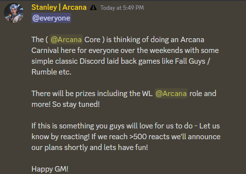 0xStann's tweet photo. I'm happy to see Arcana grow in such a steady fashion, and it makes me look back at the carefree NFT days! 

Thinking on it, I'm looking to bring back the NFT laidback culture over the weekends for everyone! 

Prizes: $? WL? Airdrops?

If you guys want to bring back those days 👇 https://t.co/Z39cjzL0jD
