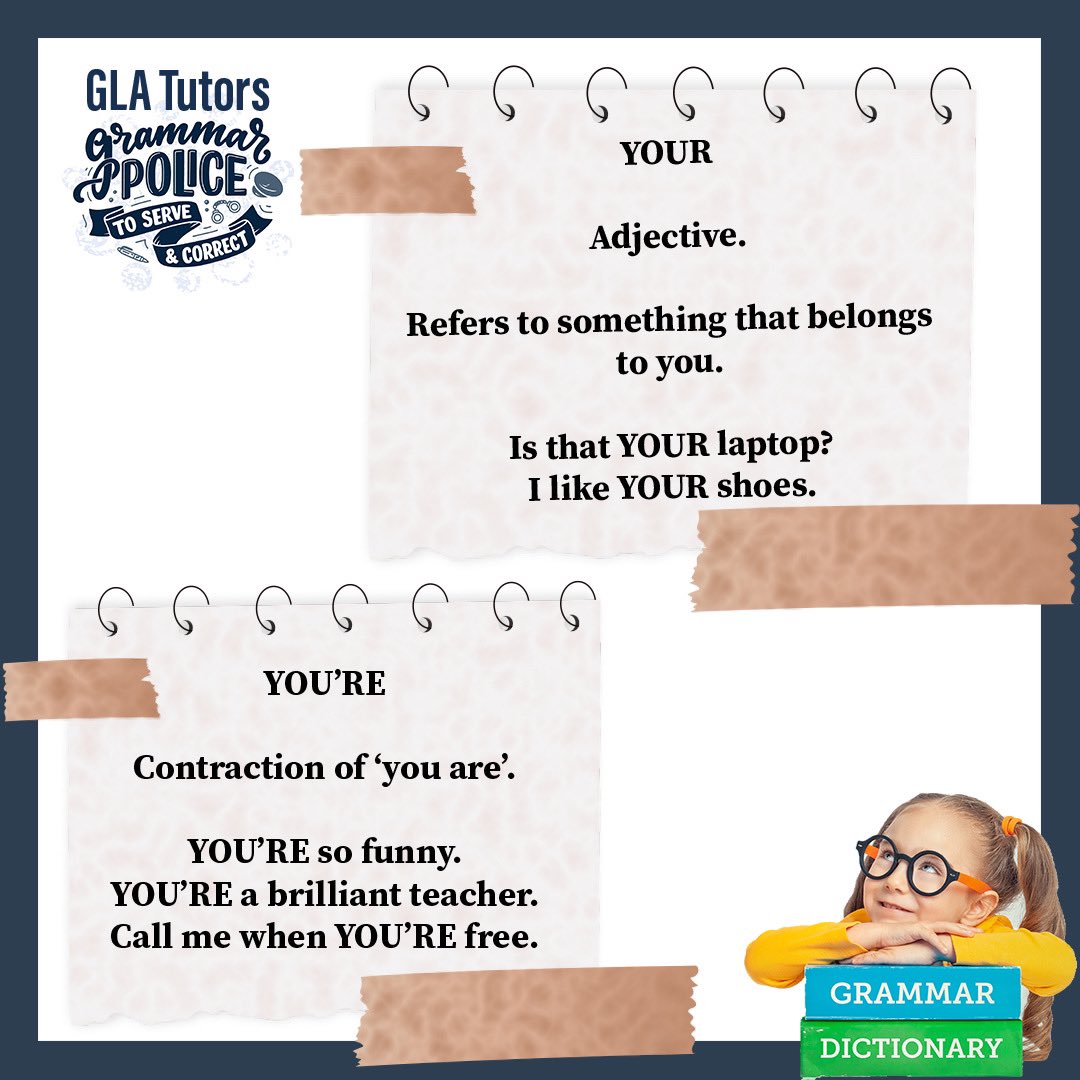 chrisdaniels540's tweet image. Your Vs You’re 

Your is a possessive determiner and adjective. 

You’re is a contraction of ‘you are’. 
The apostrophe shows missing letters.

#tutor #teacher #education #learning #onlinelearning #children #kids #families #family #love #teach #grow #experience #success #online