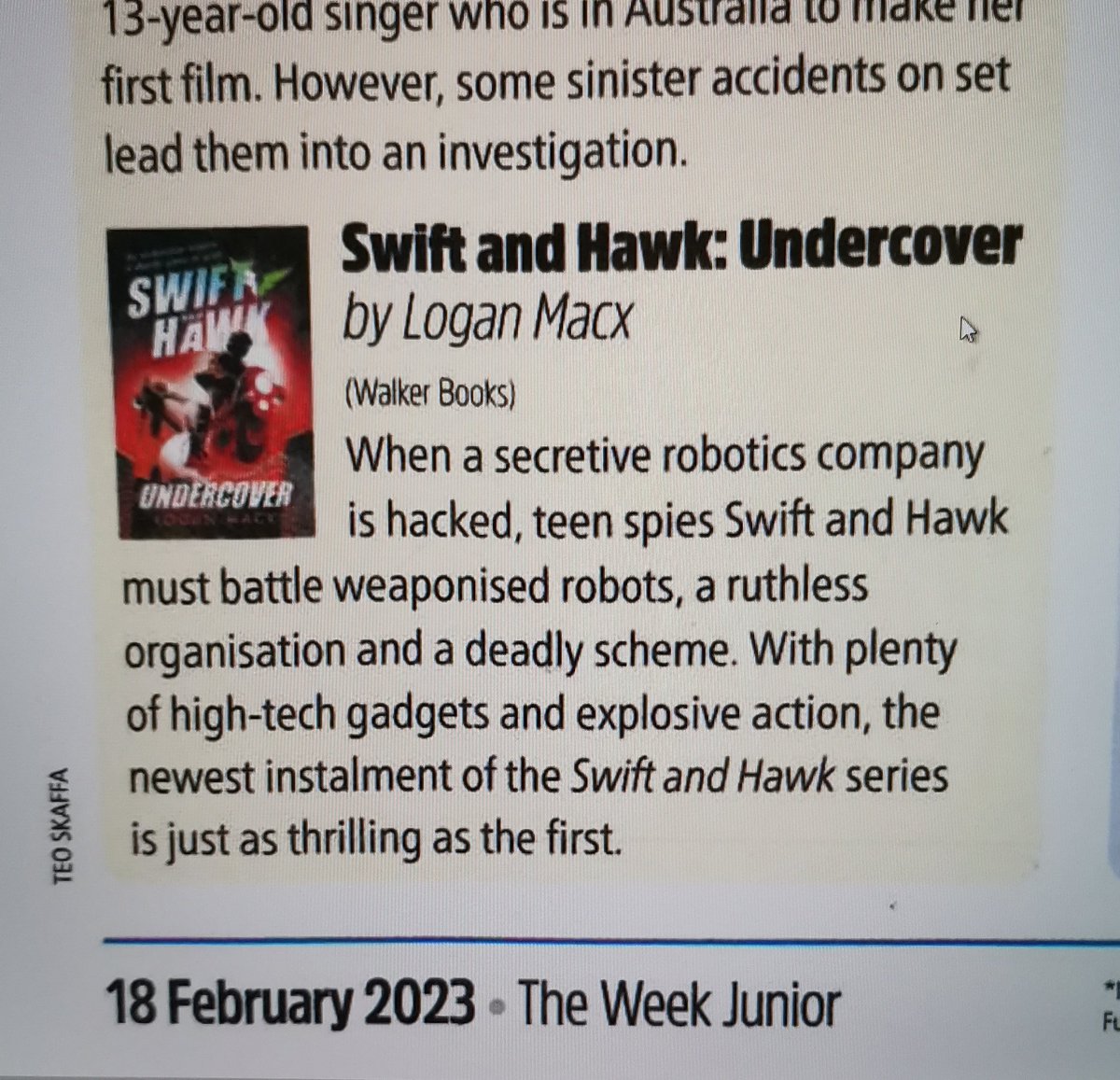 loganmacx1's tweet photo. Only one week now until Swift and Hawk: Undercover!!
Massive thanks to @theweekjunior for this great mini review!
#swiftandhawk #middlegradebooks #middlegrade #middlegradefiction https://t.co/iVjvrXYTes