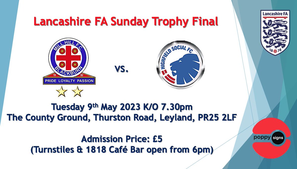 The Blackburn Sunday Football League (@blackburnleague) on Twitter photo The <a href="/LancashireFA/">Lancashire FA</a> Sunday Trophy Finalists are now confirmed, with two time former winners <a href="/MillHill_FC/">Mill Hill FC</a> taking on the 2020 finalists <a href="/Highfieldsocia1/">Highfieldsocialfc</a> on Tuesday 9th May 2023 K/O 7.30pm. Further information regarding match day hospitality will be published in due course. The <a href="/LancashireFA/">Lancashire FA</a> Sunday Trophy Finalists are now confirmed, with two time former winners <a href="/MillHill_FC/">Mill Hill FC</a> taking on the 2020 finalists <a href="/Highfieldsocia1/">Highfieldsocialfc</a> on Tuesday 9th May 2023 K/O 7.30pm. Further information regarding match day hospitality will be published in due course.