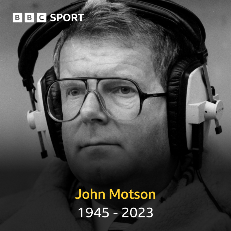 BBCSport's tweet photo. Rest in peace, John Motson.

The legendary commentator, who had an illustrious 50-year career with the BBC, has died aged 77.
