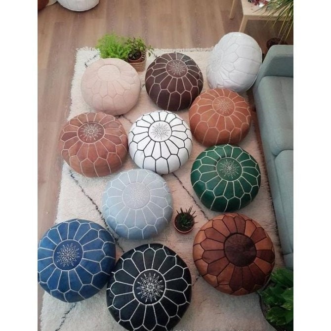 Handmade Moroccan Leather Pouf | Boho Footstool | Home Decor Accent | Authentic Artisan Crafted etsy.me/3kll8E6 #yes #bohemianeclectic #plasticfree #colorfulpouf #vintagepouf #moroccanpouf #leatherpouf #bohopouf #kilimpouf