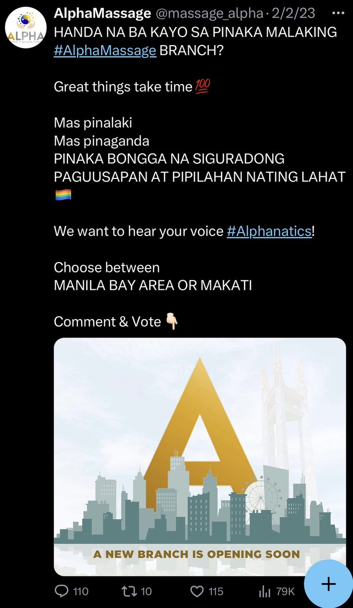 massage_alpha's tweet photo. THE ANNOUNCEMENT YOU'VE BEEN WAITING FOR IS HAPPENING TONIGHT!

Unang pasilip sa #AlphaMassage SOUTH!

With 79k views siguradong inaabangan ng lahat ang ating latest #AlphaSABOG!

Stay tuned cause we're dropping the bomb tonight 💣

HELLO SOUTHIES! We promise it's worth the wait! https://t.co/7BzwyMVsWo