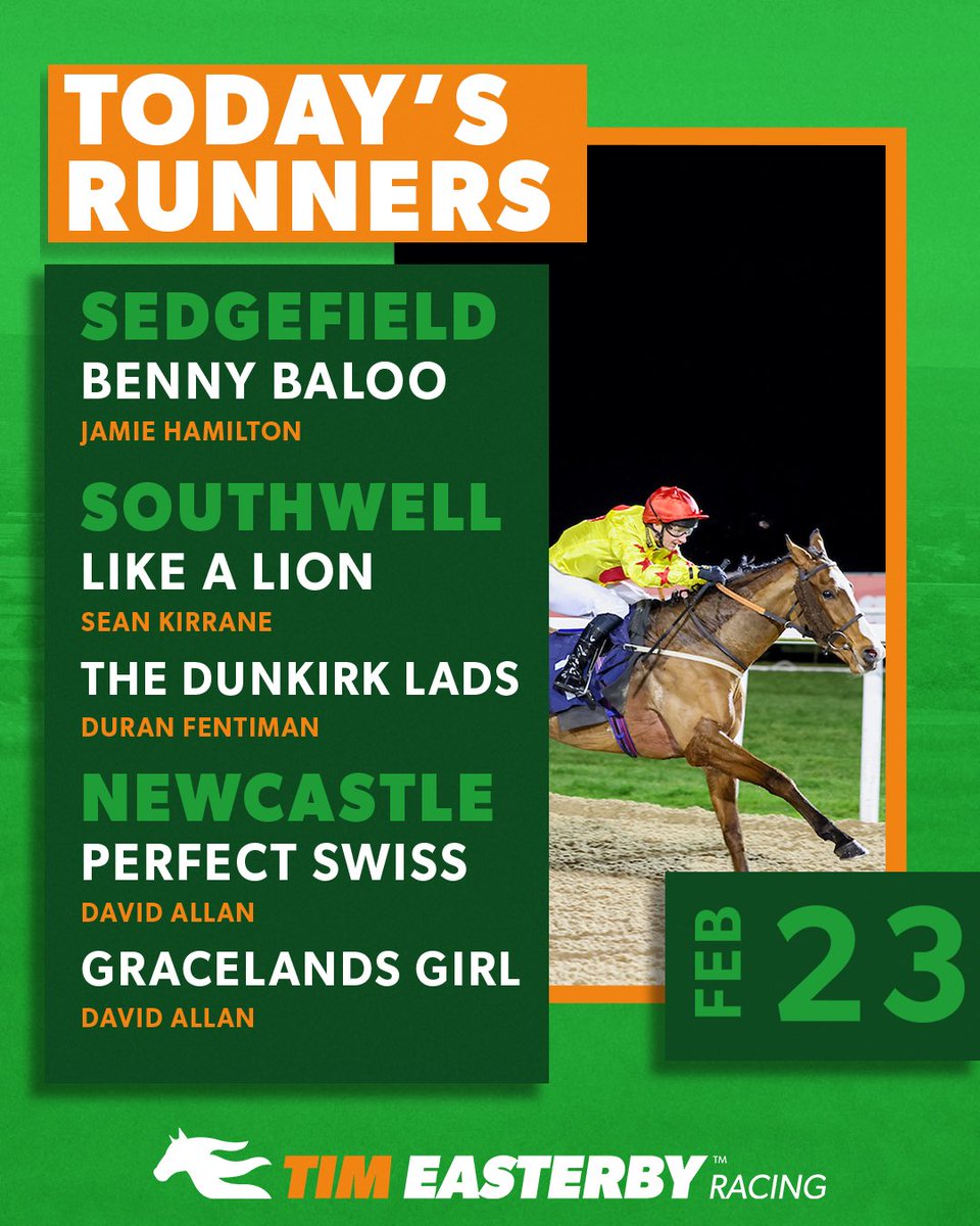 EasterbyTim's tweet photo. A busy day with runners across three meetings. We have two heading to @Southwell_Races, one at @SedgefieldRace and two at @NewcastleRaces this evening. 

Best of luck to all of our owners today. 🤞 https://t.co/LMlXZ1MvLR