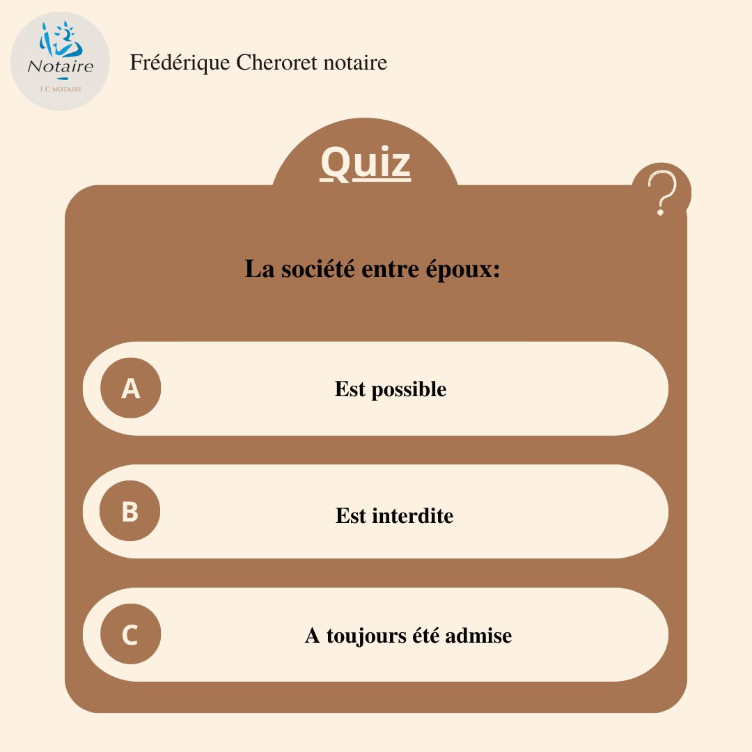 CheroretNotaire's tweet photo. Quiz du jour ❓
La société entre époux:
Donnez-nous votre réponse en commentaire.
Réponse demain en commentaire !
#notaire #notariat #notaires #notairesdefrance #notairedefrance #officenotarial #etudenotariale #étudenotariale #quizjuridique #questionjuridique #société #époux https://t.co/cziWoKkNFW
