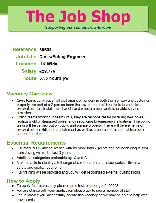 #Vacancy

‼️Heard of a Civil Poling Engineer? Check out the details below for additional information!

Interested in applying? Want more information? Let us know at jobshop@coventry.gov.uk quoting reference: 60603 

#JobShop #CoventryCityCouncil #FullTimeWork #LookingForWork #Job