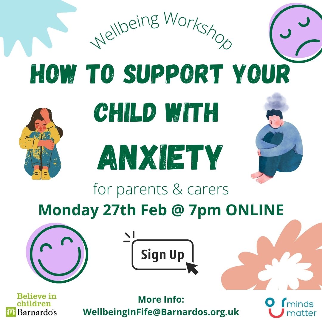 LevenmouthAc's tweet photo. #LevAcWellbeing. Barnardos are hosting an online workshop for parents/carers on Monday 27th Feb at 7pm looking at supporting young people with Anxiety.
Includes: what is anxiety, why it develops and ways to support different anxiety issues. See link: https://t.co/BPV4rM2k5F https://t.co/FJ5L2eIA3V