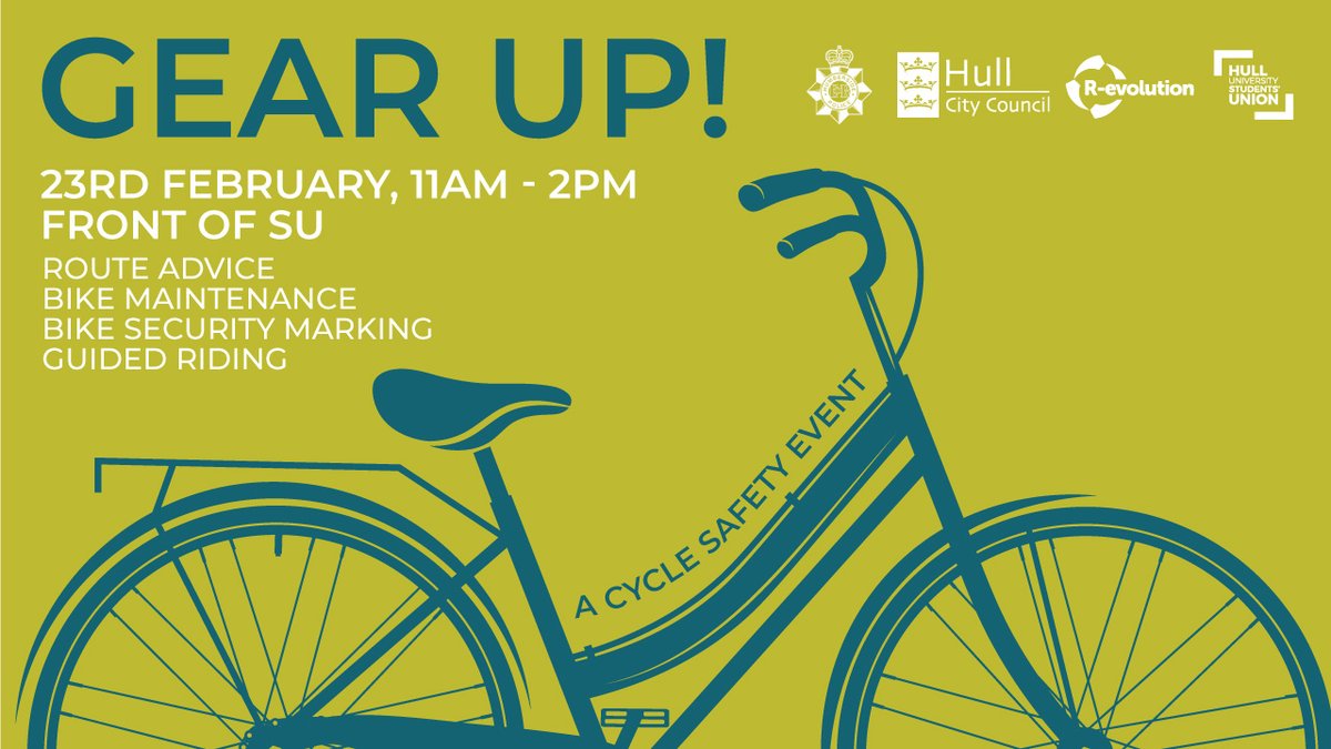 HullUniUnion's tweet photo. Join us today for Gear Up! a special one-off event to help boost your confidence when riding a bike in the city.

From 11am to 2PM outside the front of the Students’ Union. 

#Gearup! #BikeEvent #SafetyEvent #Highwaycode #Freebies #HUSU #BikeHub #HumbersidePolice #HullCityCouncil https://t.co/VDP7cFC48V