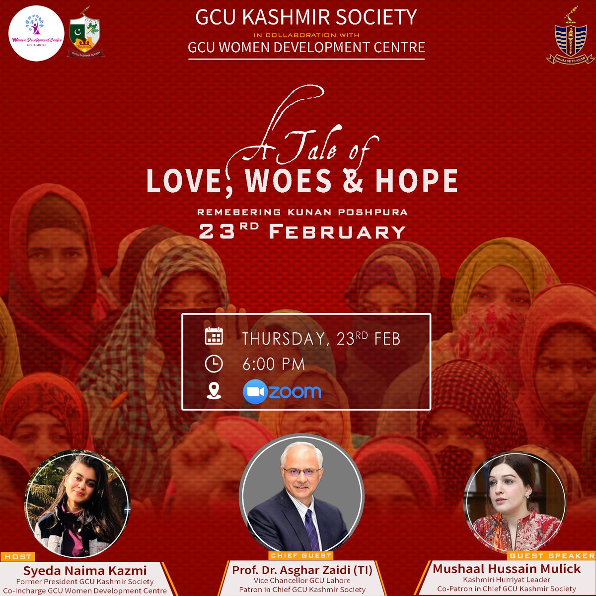 GcuKashmir's tweet photo. GCU Kashmir Society in collaboration with GCU Women Development Center is organizing a webinar today, which marks *Kashmiri Women Resistance Day*. Topic of this webinar is *A Tale of Love, Woes and Hope; Remembering women of Kunan Poshpura* https://t.co/2vqlFkH7fJ