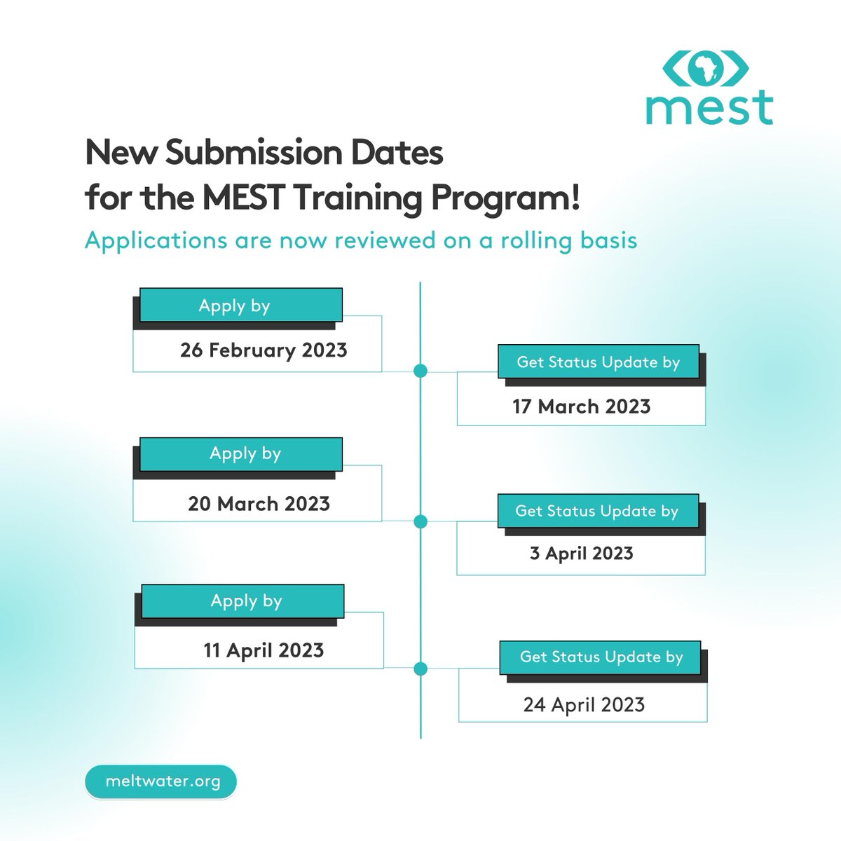 MESTAfrica's tweet image. Here are the new deadlines for our Class of 2024 Applications.
Read the full announcement &amp;gt;&amp;gt;&amp;gt; meltwater.org/mest-will-now-…

#TechAndBeyond #MESTClassOf2024