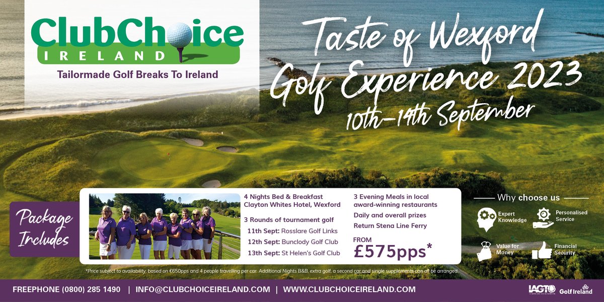 The Taste of Wexford Golf Experience is back for 2023!! Four days of great golf & fantastic food. 10th - 14th September 2023 🛌 4 Nights Bed & Breakfast ⛳️ 3 Rounds of Golf 🍽 3 Evening Meals 🛳 Return Ferry 🏆 Prizes From £575pps* BOOK NOW 👇👇👇 clubchoiceireland.com/taste-of-wexfo…