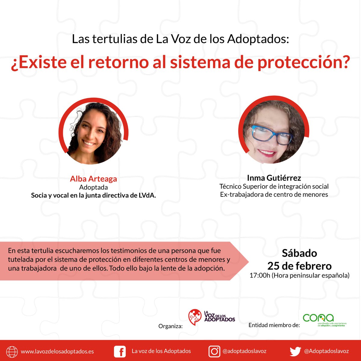 🔴 Tertulia | ¿Existe el retorno al sistema de protección? Esta tarde ⏰17h (hora Madrid) 🔸Con Alba Artega, adoptada, e Inma Gutiérrez, ex-trabajadora social en centros de protección 
📍 Organiza <a href="/adoptadoslavoz/">LaVozdelosAdoptados</a> 
🔗 Pondrán el enlace 15 min. antes +info lavozdelosadoptados.es/tertulia-exist…