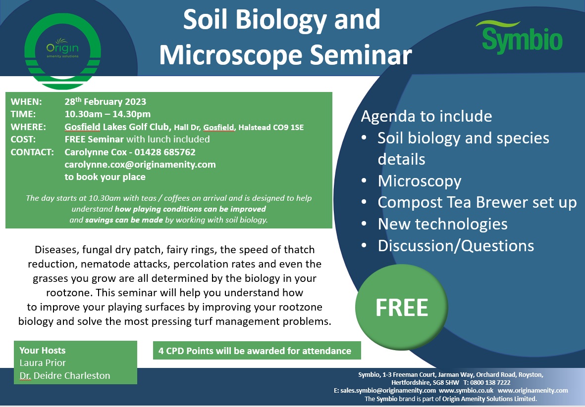 SymbioUK's tweet photo. @SymbioUK will be holding a Soil Biology &amp; Microscope Seminar at Gosfield Lakes Golf Club on Tuesday 28th February.
If you would like to book a place, don't hesitate to get in touch with @laurasymbio or the office. https://t.co/dLrnTV8rDf