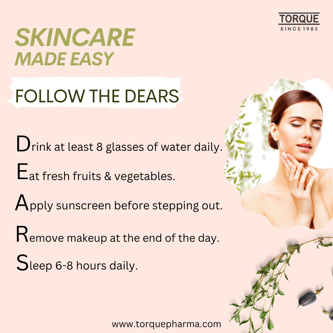 torqueskincare's tweet photo. @torqueskincare Skincare made easy follow the `DEARS´

📌Drink of least 8 glasses of water daily. 
📌Eat fresh fruits and vegetables.
📌Apply sunscreen before stepping out.
📌Remove makeup of the end of the day.
📌Sleep 6-8 hours daily

#skincaretipsforyou
#beautysecrets https://t.co/cZZ0KHuoMV