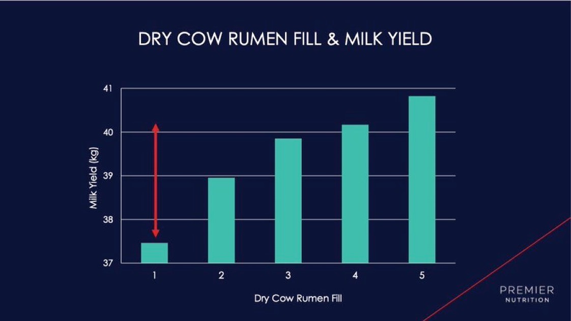 ruminantpremier's tweet photo. Achieving target rumen fill improves transition health and also improves 1st test milk yield. This graph from TMS data shows over 2.5kg more milk from cows with a dry period rumen fill of 4 and above. #bettertransition https://t.co/9VrEx1K0MS