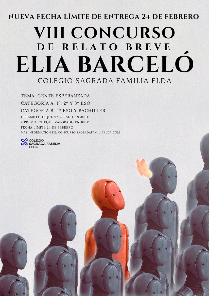 ✍️Si estás cursando la #ESO o #Bachillerato y te gusta escribir esto te interesa👇
📣VIII #CONCURSODERELATOBREVE ELIA BARCELÓ 
😄¡Anímate a contarnos tu historia!🗓El plazo de admisión finaliza el 24 de febrero

Toda la información aquí👇
concurso.sagradafamiliaelda.com