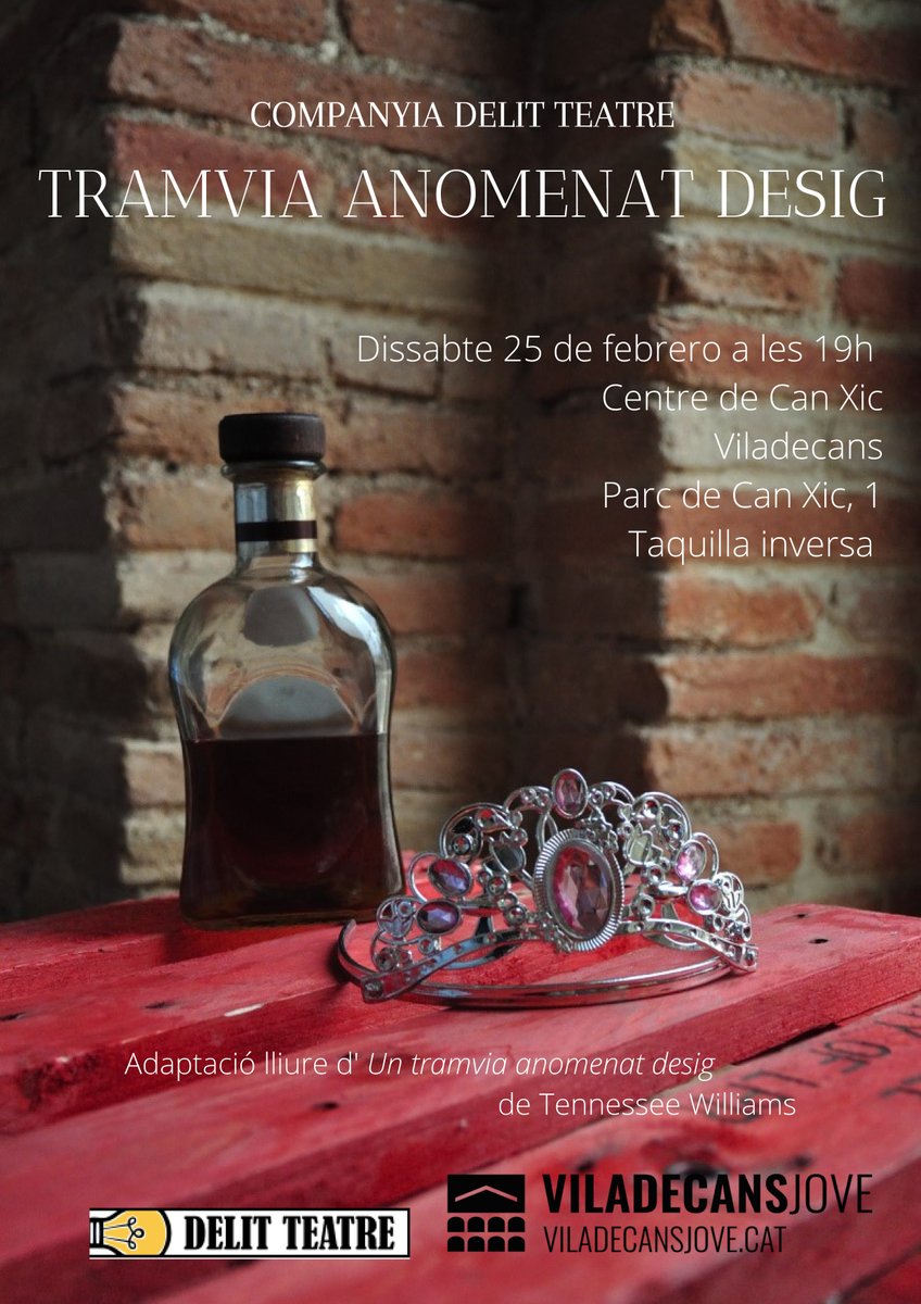 🎭 Aquest dissabte a Can Xic esteu convidats a veure la magnífica interpretació que fa la jove companyia Delit Teatre de l'obra UN TRAMVIA ANOMENAT DESIG.

Entrada gratuïta. Més info a viladecansjove.cat/esdeveniments/… #ViladecansJove #Viladecans