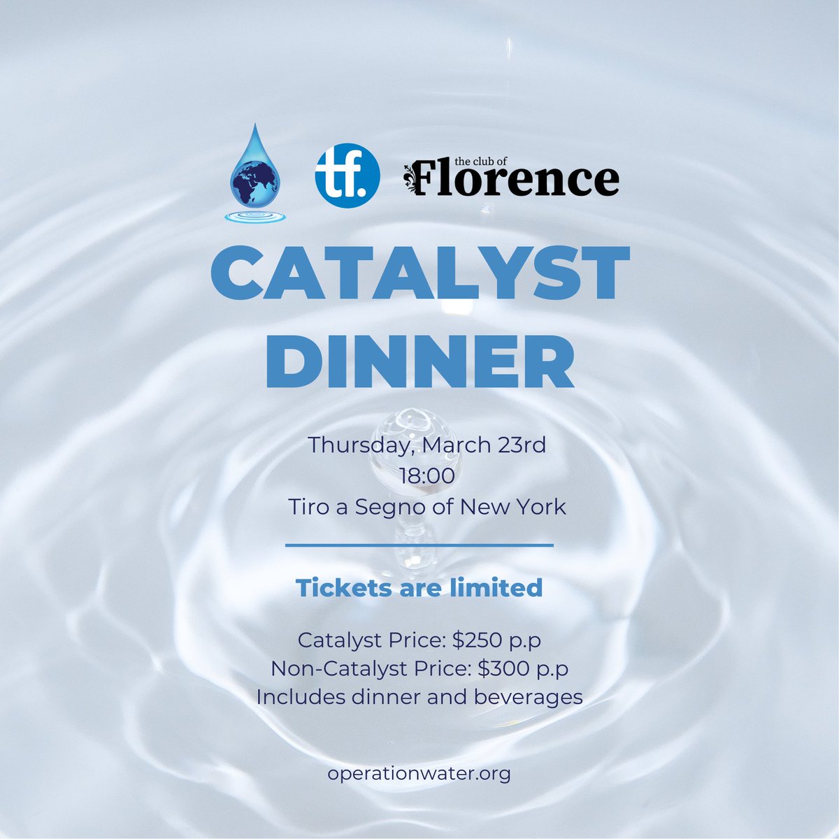water_operation's tweet photo. 1 Month to go before our very first Catalyst Dinner of 2023 at the incredible Tiro a Segno of New York. If you haven't yet, secure your spot here, and join Operation Water, @TerraFirmaOrg and the Club of Florence for an inspiring evening. https://t.co/Q2UK7RWrHy https://t.co/5sELDxbXOE