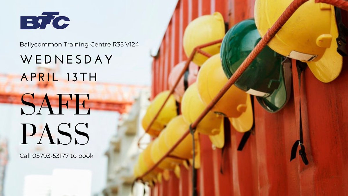 Our next Safe Pass takes place on April 13th. Places are offered on a first come first serve basis and early booking is advised. Please call 0579353177 to book.