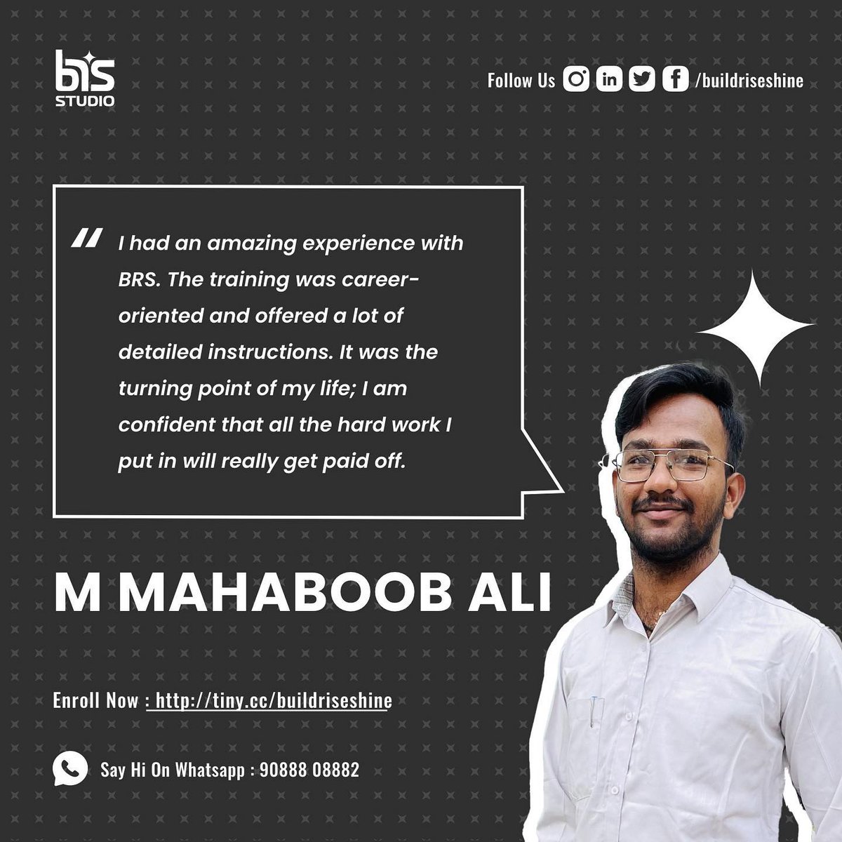 buildriseshine's tweet photo. Meet our amazing students and hear what they have to say about the SoftwareDevelopment Training at BRS!
You are just a click away to transform your career. Enroll now @ https://t.co/Wgk4KP8KVS
Contact: 8374810884
#nyros #brs #buildriseshine #training #mentoring #bootcamp #coding https://t.co/h5TGPxz2KY
