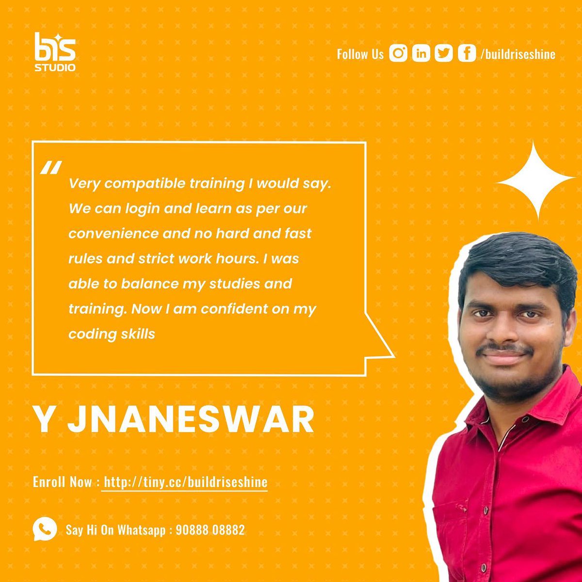 buildriseshine's tweet photo. Meet our amazing students and hear what they have to say about the SoftwareDevelopment Training at BRS!
You are just a click away to transform your career. Enroll now @ https://t.co/Wgk4KP8KVS
Contact: 8374810884
#nyros #brs #buildriseshine #training #mentoring #bootcamp #coding https://t.co/h5TGPxz2KY