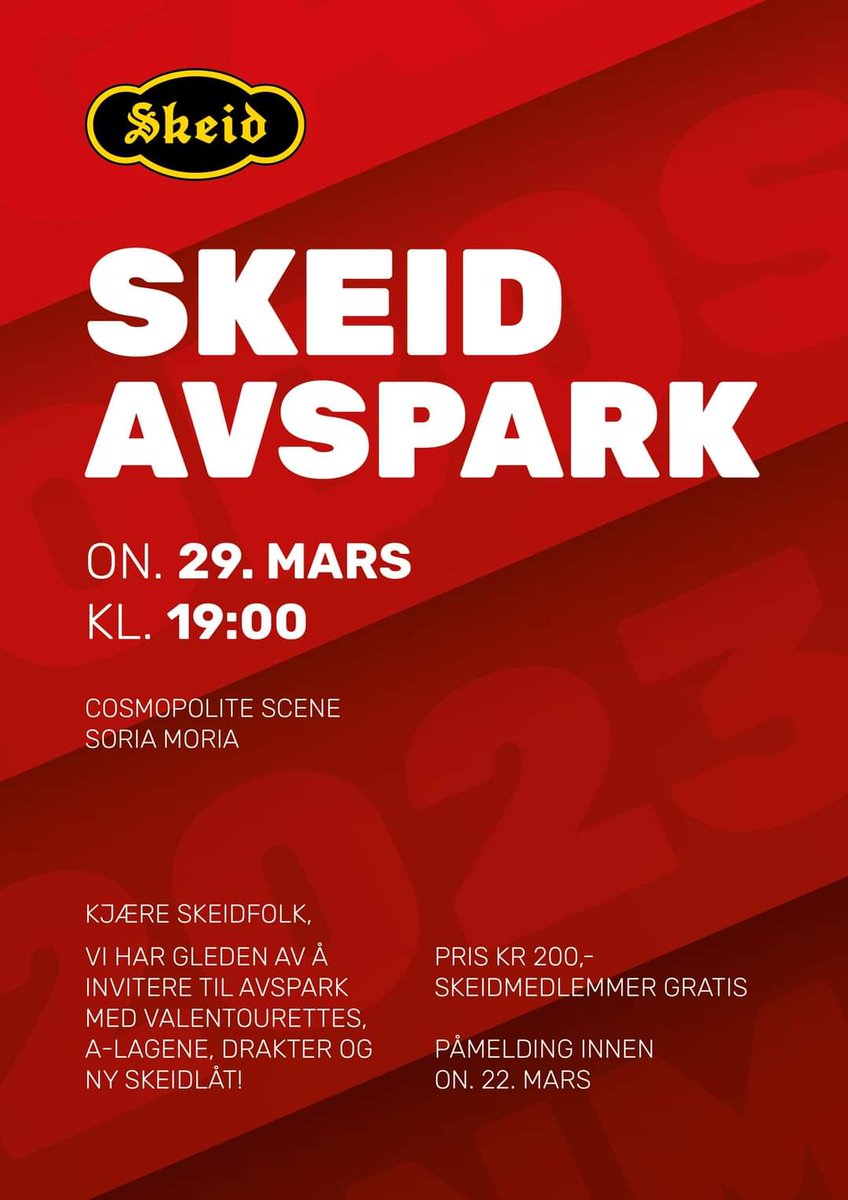 Vi gleder oss til tidenes seriestart! Med Valentourettes, ny Skeidlåt, lagene våre og hele Skeidfamilien samlet på Soria Moria blir dette en herlig kveld 🤩