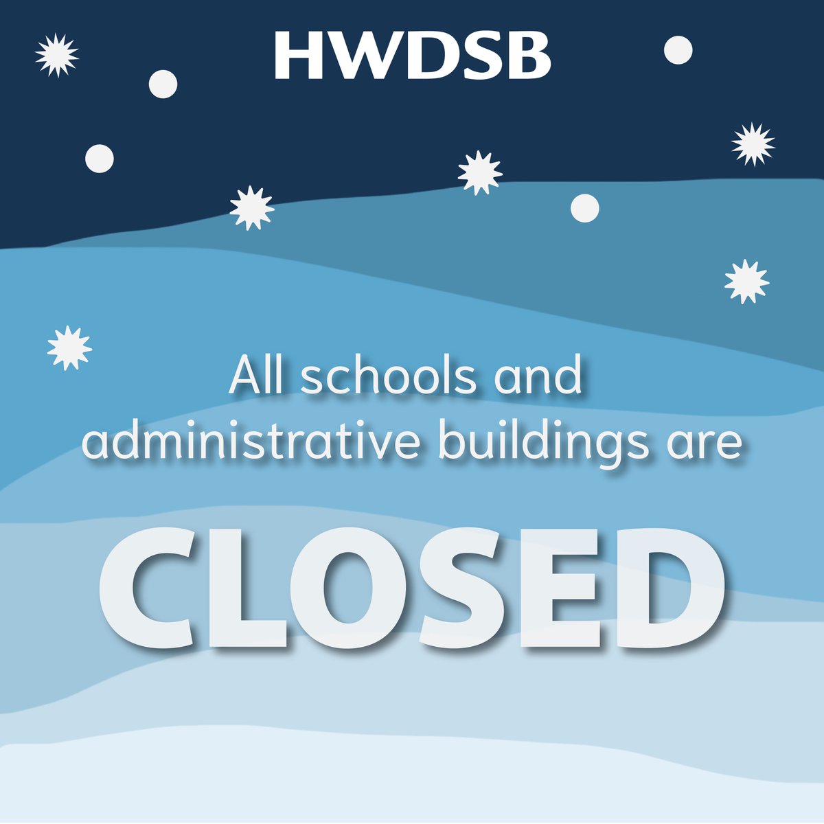 ALERT: Schools and admin buildings are closed today, Feb 23, due to inclement weather and as a result of cancelled transportation. Buses are not running. All remote, eLearning, childcare, and in-person learning is cancelled.