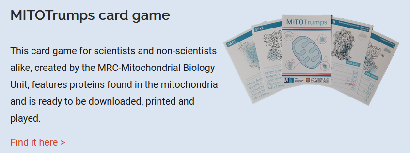 The @MRC_MBU #MITOTrumps are now part of @BiochemSoc's curated mitochondria resources!🎉As the creator, I'm delighted to see people using MITOTrumps for #ScienceOutreach 😍

Check it out! biochemistry.org/about-us/resou…

#mitochondria #biochemistry  #education