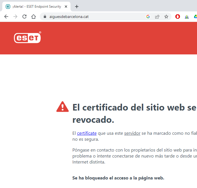 alex_dum's tweet photo. @aiguesbcnclient sembla que teniu algun problema amb la vostra web!

Si l'antivirus de la mateix empresa que ha emès el vostre certificat SSL diu que teniu un problema... jo me'ls crec... https://t.co/3K5CTHb7eV