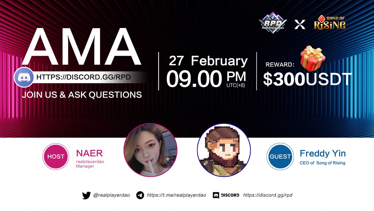 Real Player DAO (@realplayerdao) on Twitter photo 🎉#RPD X Song of Rising #AMA
⏲️Time: Feb 27 9PM(UTC+8)
🌕Venue: discord.gg/rpd
🎁Reward
This Twitter: 15x $10USDT
Join AMA Ask Questions: 15x $10USDT
To Enter:
1⃣Follow <a href="/realplayerdao/">Real Player DAO</a> & <a href="/songofrising/">Song of Rising</a>
2⃣❤️+RT+Tag3
3⃣Join AMA & Ask Questions
#Giveaways #USDTGiveaway 🎉#RPD X Song of Rising #AMA
⏲️Time: Feb 27 9PM(UTC+8)
🌕Venue: discord.gg/rpd
🎁Reward
This Twitter: 15x $10USDT
Join AMA Ask Questions: 15x $10USDT
To Enter:
1⃣Follow <a href="/realplayerdao/">Real Player DAO</a> & <a href="/songofrising/">Song of Rising</a>
2⃣❤️+RT+Tag3
3⃣Join AMA & Ask Questions
#Giveaways #USDTGiveaway